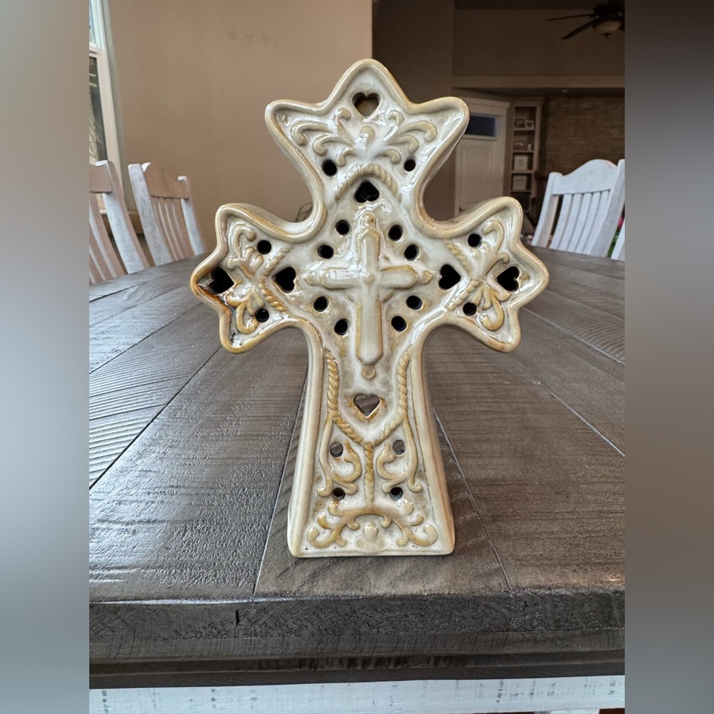 Glazed Ceramic Cross Tea Light Candle Holder